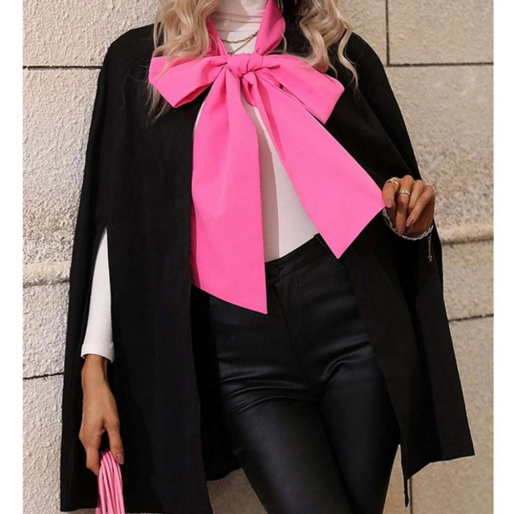 Pink Bow Tie Black Cloak Sleeve Cape Coat Jacket - Picture 2 of 7